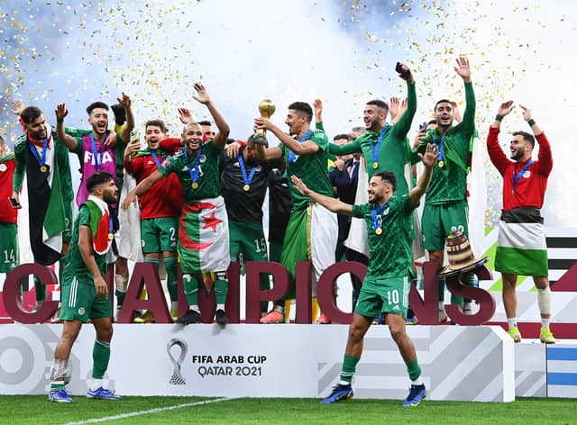 Algeria celebrate winning FIFA Arab Cup at Al Bayt Stadium in 2021