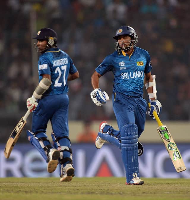 Jayawardene and Tillakaratne Dilshan (R) bat in 2014 T20 World Cup