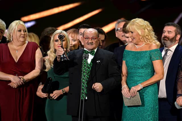 Brendan O’Carroll and the cast of Mrs Brown’s Boys with the Best Comedy Award on stage during the National Television Awards. (Photo by Jeff Spicer/Getty Images)
