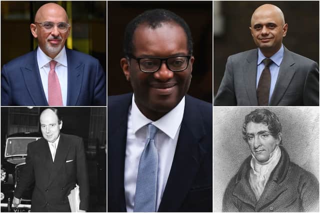Clockwise from top right: Nadhim Zahawi (63 days), Kwasi Kwarteng (38 days), Sajid Javid (204 days), Thomas Denman (31 days as interim chancellor), and Ian Macleod (30 days, died in office) (Images: Getty Images)