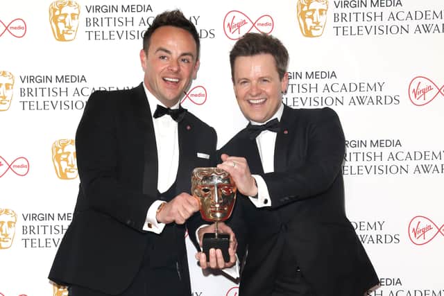 Anthony McPartlin and Declan Donnelly, winners of the Entertainment Programme award for "Ant & Dec's Saturday Night Takeaway", pose in the press room at the Virgin Media British Academy Television Awards at The Royal Festival Hall on May 08, 2022 in London, England. (Photo by Tristan Fewings/Getty Images)