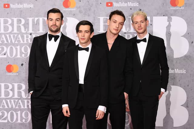 Members of 'The 1975', Matthew Healy, Ross MacDonald, George Daniel and Adam Hann attends The BRIT Awards 2019 held at The O2 Arena on February 20, 2019 in London, England. (Photo by Jeff Spicer/Getty Images)