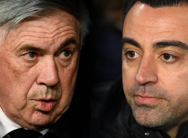 <p>Composite image of Head coach Carlo Ancelotti of Real Madrid CF (L) and Head coach Xavi Hernandez of FC Barcelona. (Photo by David Ramos/Getty Images)</p>