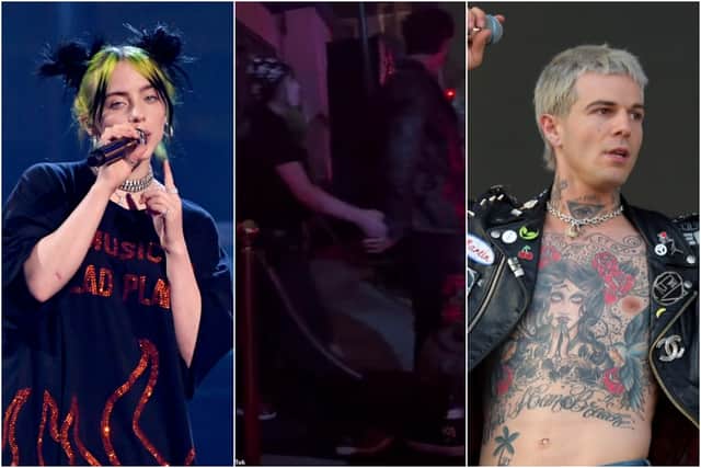 Eilish (left) in 2019 and Rutherford in 2018, with the fan video in question shown in the centre (Photos: Getty Images/@ghoulishjen/TikTok)