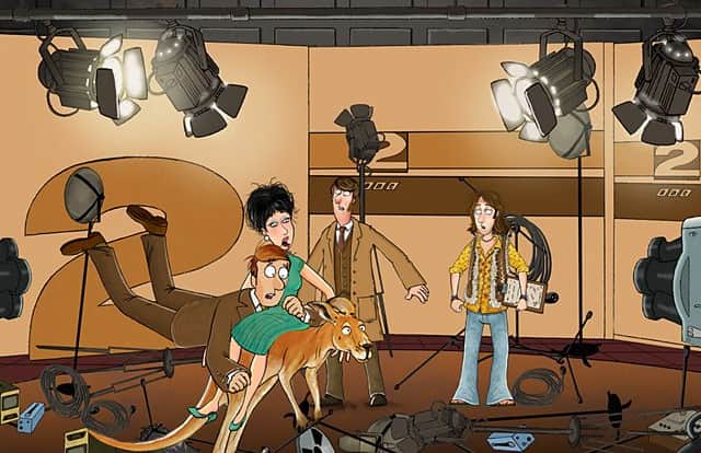 A Martin Brown Horrible Histories illustration of BBC Two’s disastrous first night on air, with a kangaroo knocking over the cameras (Credit: BBC)