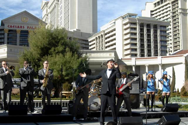 Matt Goss performs in front of Caesars Palace on the Las Vegas Strip during the announcement of his new show at the resort January 28, 2010. Matt performed in the Gossy Room twice a week starting March 12 2010. (Photo by Glenn Pinkerton/Las Vegas News Bureau via Getty Images)