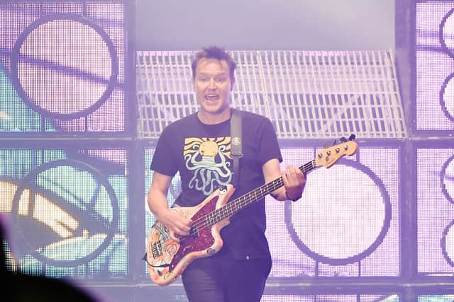 Mark Hoppus of Blink-182 perform at The Forum on August 08, 2019 in Inglewood, California. (Photo by Matt Winkelmeyer/Getty Images)