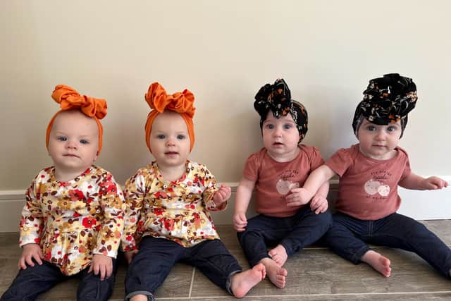 Megan O’Brien, 29, gave birth to twin baby girls only for her sister Sara Seyler, 32, to also give birth to twins girls just weeks later. Pictured are two sets of twins; Lilah and Josie and Lennon and Parker.