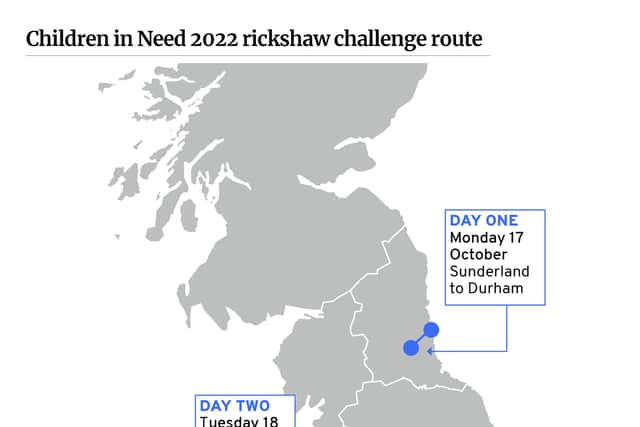 Map shwing the Children In Need 2022 rickshaw relay route.