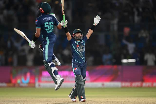 Azam and Rizwan celebrate their 10-wicket win over England in recent series