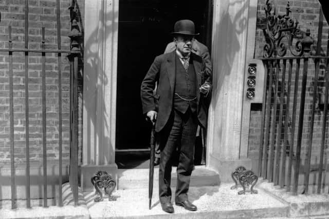 British Conservative prime minister Stanley Baldwin on the steps of 10 Downing Street, during the General Strike of 1926 (Credit: Central Press/Getty Images)