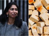 Home Secretary Suella Braverman arriving for the weekly cabinet meeting at 10 Downing Street on 18 October. And some tofu (Photos: ADRIAN DENNIS/AFP via Getty Images/Pexels)