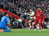 Mohamed Salah scores for Liverpool during fixture against Man City