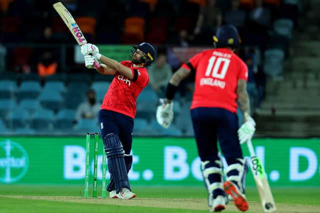 Alex Hales hits a six during T20 against Australia in October 2022