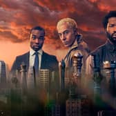 A poster for Gangs of London S2, depicting Paapa Essiedu as Alexander Dumani, Waleed Zuaiter as Koba, Ṣọpẹ́ Dìrísù as Elliot, and Michelle Fairley as Marian Wallace, above the London skyline and under a blood red sky (Credit: Sky UK)