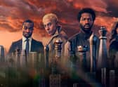 A poster for Gangs of London S2, depicting Paapa Essiedu as Alexander Dumani, Waleed Zuaiter as Koba, Ṣọpẹ́ Dìrísù as Elliot, and Michelle Fairley as Marian Wallace, above the London skyline and under a blood red sky (Credit: Sky UK)