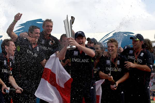 England celebrating their T20 World Cup win in 2010