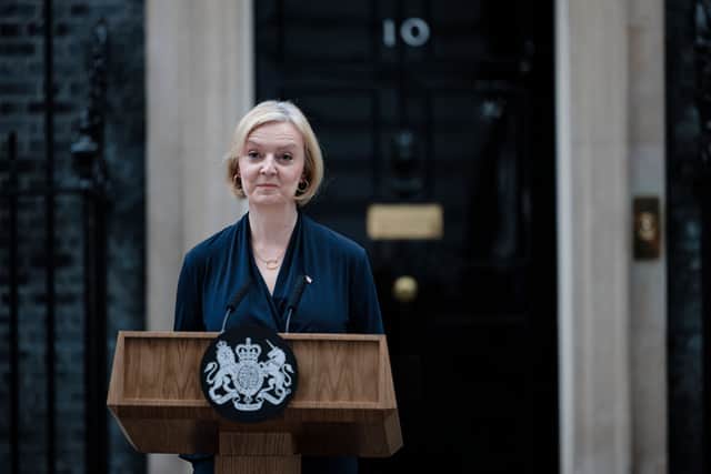 Prime Minister Liz Truss delivers her resignation speech at Downing Street on October 20, 2022 in London, England (Photo by Rob Pinney/Getty Images)