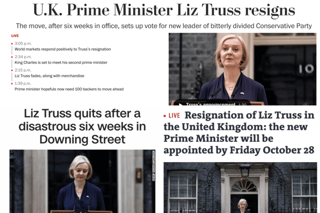 News outlets across the world criticised the government and Liz Truss after she announced that she would be resigning only 44 days after she became PM. (Credit: Washington Post/LeMonde/