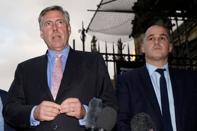 Conservative Party chairman, Jake Berry (R) and Chairman of the 1922 Committee, Conservative MP Graham Brady (L) make a statement outside Parliament detailing the rules for the contest to be the next Conservative Party leader (Photo: NIKLAS HALLE’N/AFP via Getty Images)