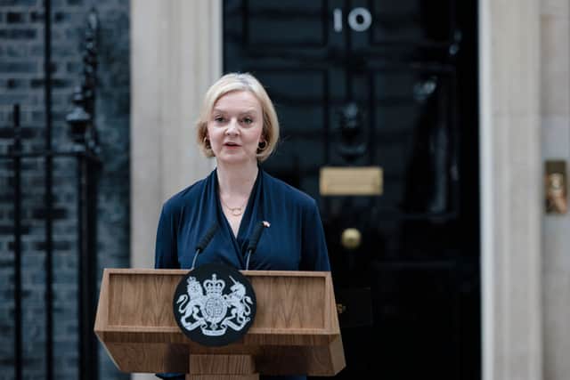 Prime Minister Liz Truss delivers her resignation speech at Downing Street on October 20, 2022 in London, England.  (Photo by Rob Pinney/Getty Images)