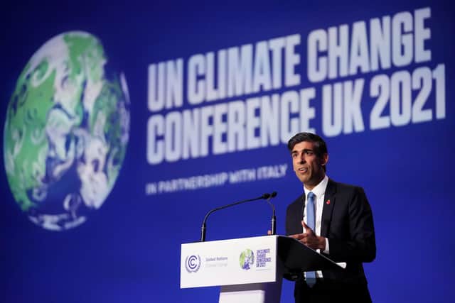 Rishi Sunak delivers a keynote speech at COP26 in 2021 in Glasgow, Scotland. Credit: Getty Images