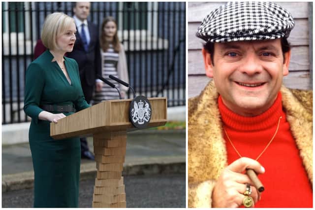 <p>Liz Truss quoted Seneca in her farewell speech - but Del Boy Trotter would have been more apt (Getty / BBC)</p>