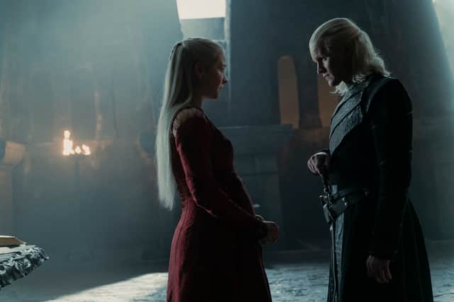 Emma D’Arcy as Rhaenyra and Matt Smith as Daemon in House of the Dragon, in quiet conversation at Dragonstone castle (Credit: HBO)