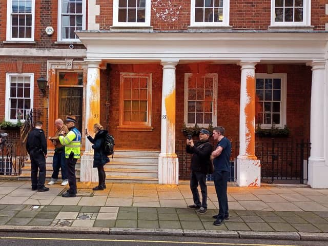 Just Stop Oil spray painted the front of 55 Tufton Street - which is the HQ Global Warming Policy Foundation.