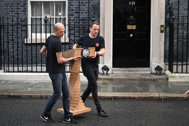 The Lectern is placed before Liz Truss makes a statement prior to her formal resignation outside Number 10 on 25 October 2022 (Photo: Leon Neal/Getty Images)