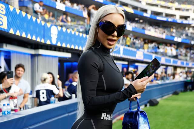 Kim Kardashian attends the game between the Dallas Cowboys and the Los Angeles Rams at SoFi Stadium on October 09, 2022 in Inglewood, California. (Photo by Ronald Martinez/Getty Images)