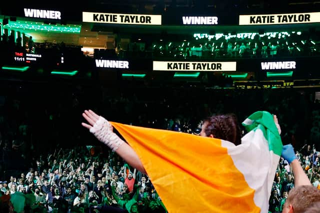 Katie Taylor celebrates her win in MSG earlier this year against Serrano