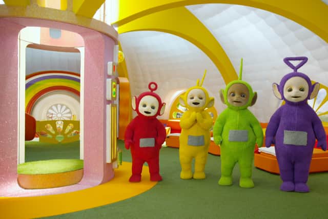 Po, La-La, Dipsy, and Tinky-Winky in the 2022 Teletubbies revival (Credit: Netflix)