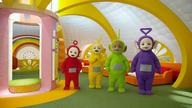 Po, La-La, Dipsy, and Tinky-Winky in the 2022 Teletubbies revival (Credit: Netflix)