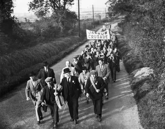 Protesters on the Jarrow Crusade, a  demonstration march by unemployed men from the shipyard town Jarrow, Tyneside (Photo by Fox Photos/Getty Images)