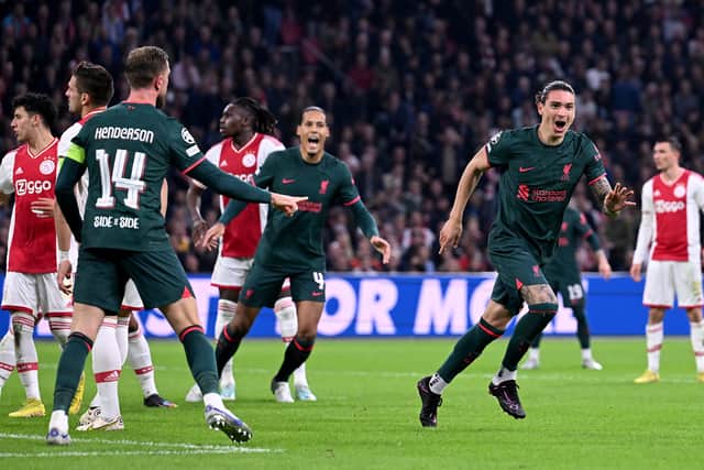 Darwin Nunez celebrates scoring Liverpool’s second goal against Ajax