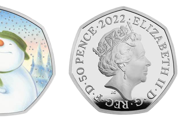 The Royal Mint of The Snowman and the Snowdog showing both sides of the 2022 UK 50 pence silver proof coin