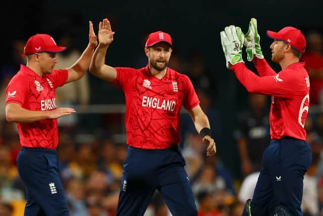 England celebrate catching Jimmy Neesham during match against New Zealand