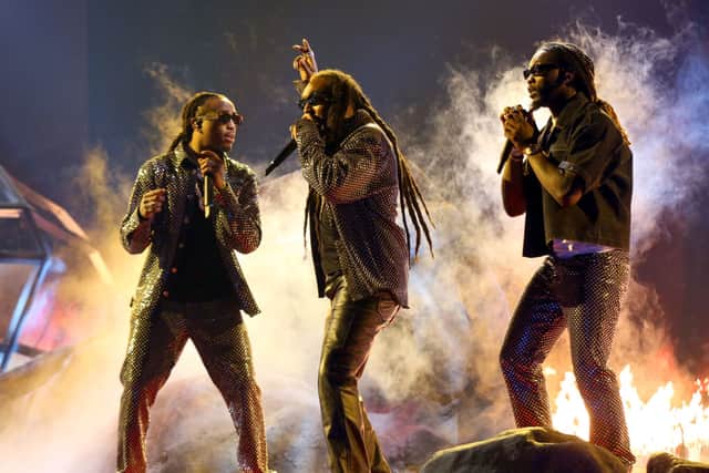  (L-R) Quavo,Takeoff, and Offset of Migos perform onstage at the BET Awards 2021 at Microsoft Theater on June 27, 2021 in Los Angeles, California. (Photo by Bennett Raglin/Getty Images for BET)