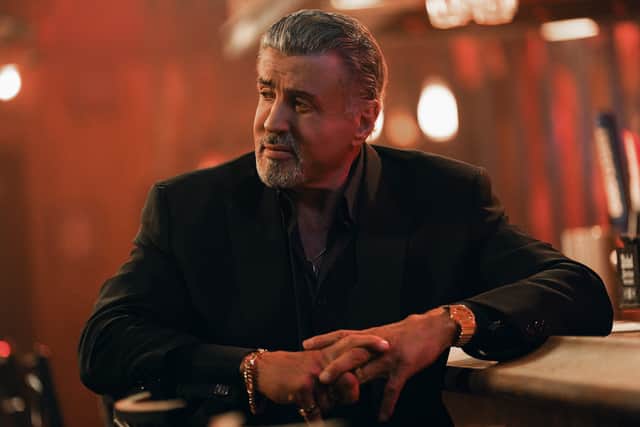 Sylvester Stallone as Dwight Manfredi in Tulsa King, with slicked back silver hair and a neat goatee (Credit: Brian Douglas/Paramount+)