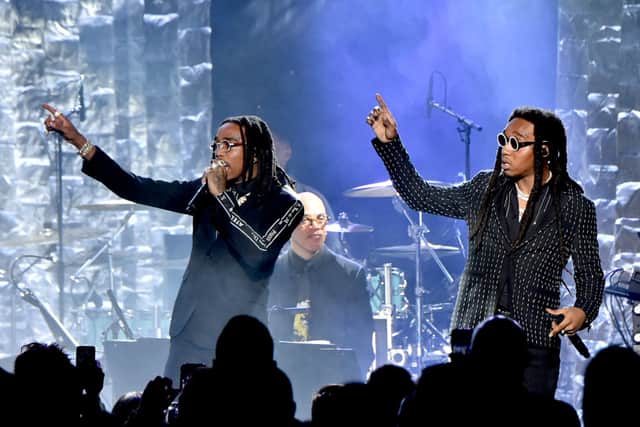 Recording artists Quavo and Takeoff of Migos performs onstage during the Clive Davis and Recording Academy Pre-GRAMMY Gala and GRAMMY Salute to Industry Icons Honoring Jay-Z on January 27, 2018 in New York City.  (Photo by Mike Coppola/Getty Images)