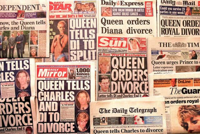 British newspapers report the couple’s divorce in 1995 (Pic: AFP via Getty Images)