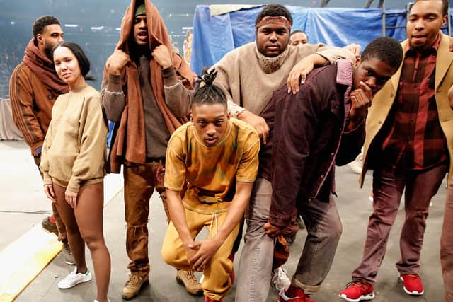 Models pose during Kanye West Yeezy Season 3 in 2016.