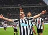 Miguel Almiron celbrates scoring Newcastle’s fourth goal against Aston Villa
