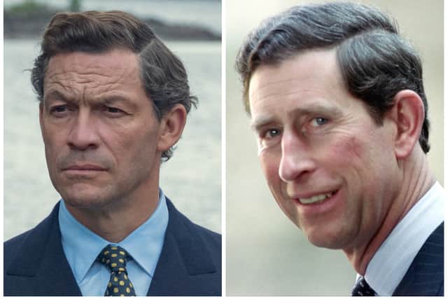 Dominic West as Prince Charles in The Crown; Prince Charles in France in 1990 (Credit: Netflix; JOEL ROBINE/AFP via Getty Images)