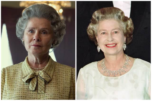 Imelda Staunton as the Queen in The Crown; the Queen at a NATO summit in 1990 (Credit: Netflix; GERRY PENNY/AFP via Getty Images)
