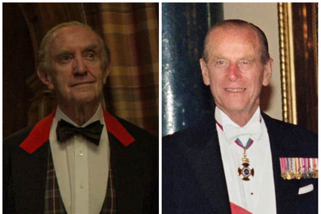Jonathan Pryce as Prince Philip in The Crown; Prince Philip during a 1996 state banquet (Credit: Netflix; JOHNNY EGGITT/AFP via Getty Images)
