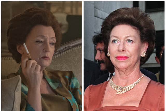 Lesley Manville as Princess Margaret in The Crown; Princess Margaret in France in 1993 (Credit: Netflix; PIERRE VERDY/AFP via Getty Images)