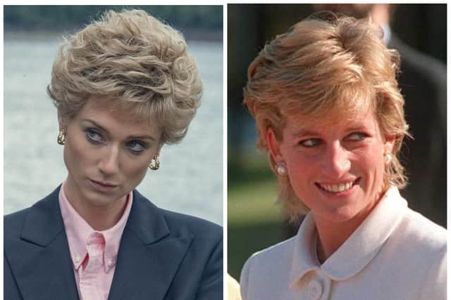 Elizabeth Debicki as Diana in The Crown; Princess Diana in Buenos Aires in 1995 (Credit: Netflix; DANIEL LUNA/AFP via Getty Images)