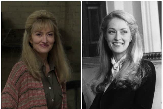 Natascha McElhone as Penny, Lady Romsey in The Crown, circa 1990; Penelope Knatchbull pictured at home in 1980 (Credit: Netflix; Ian Tyas/Keystone/Getty Images)